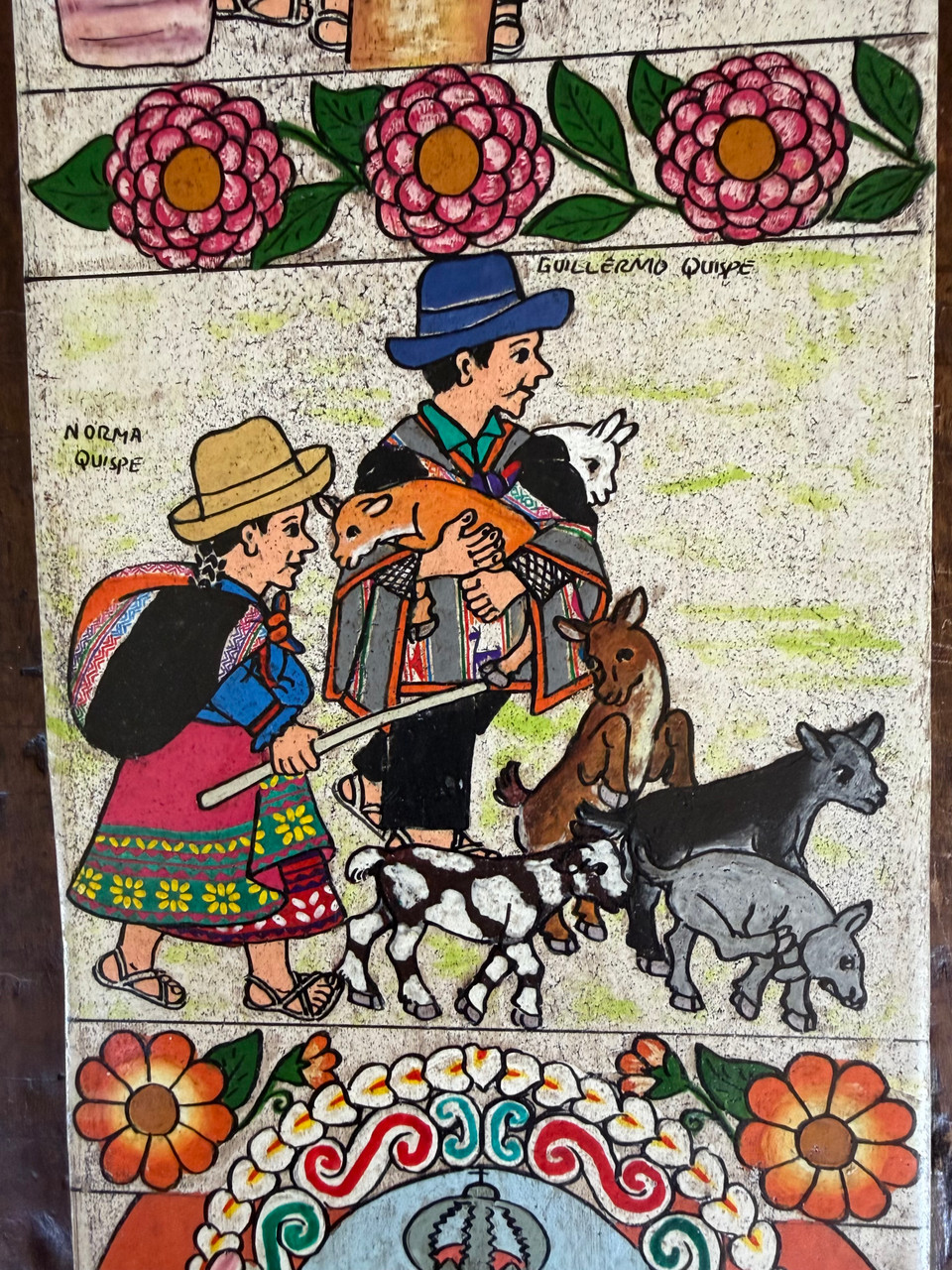 peruvian folk art painting, andean wall art, large narrative painting, ayacucho peru art, house dedication painting