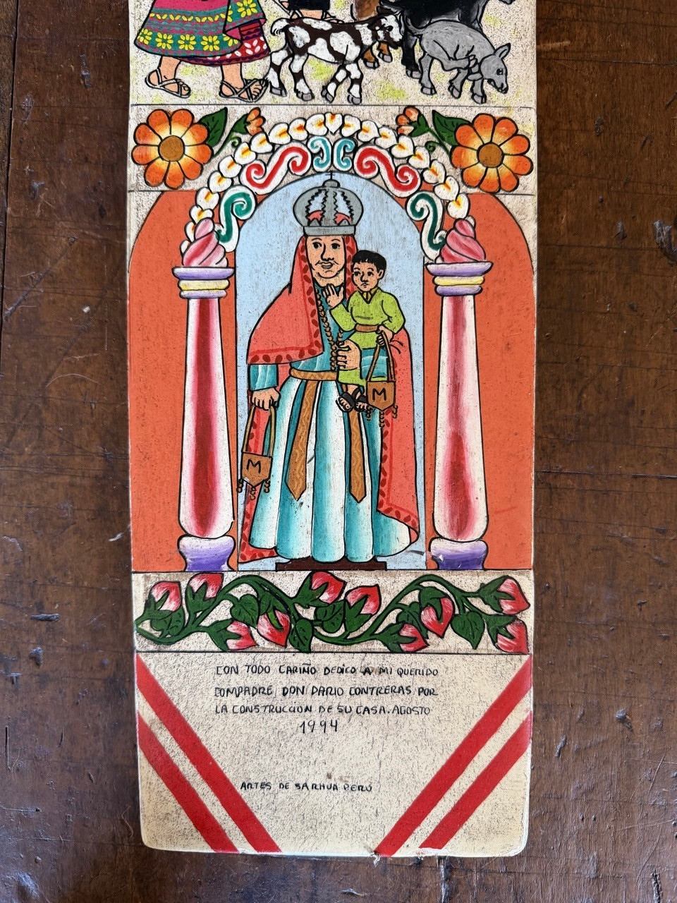 authentic sarhua board, hand painted peruvian art, collectible folk art, latin american folk art, indigenous peruvian art