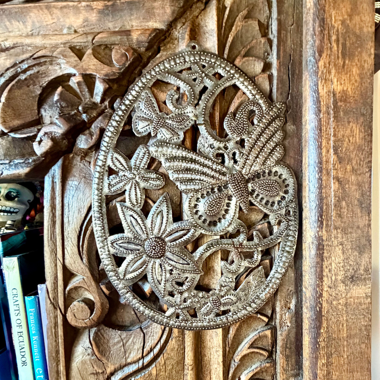 Haitian metal art, butterfly wall decor, flower wall art, Wivensley Omiscar