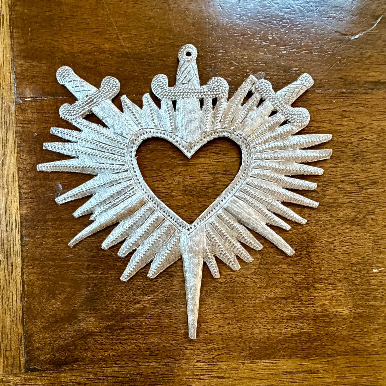 artisan metal decor, sacred heart sculpture, recycled oil drum art, symbolic wall art