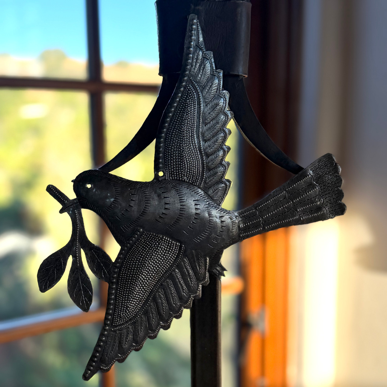 air trade decor, recycled steel art, handmade Haitian art, bird wall hanging, spiritual home decor, peace symbol art,