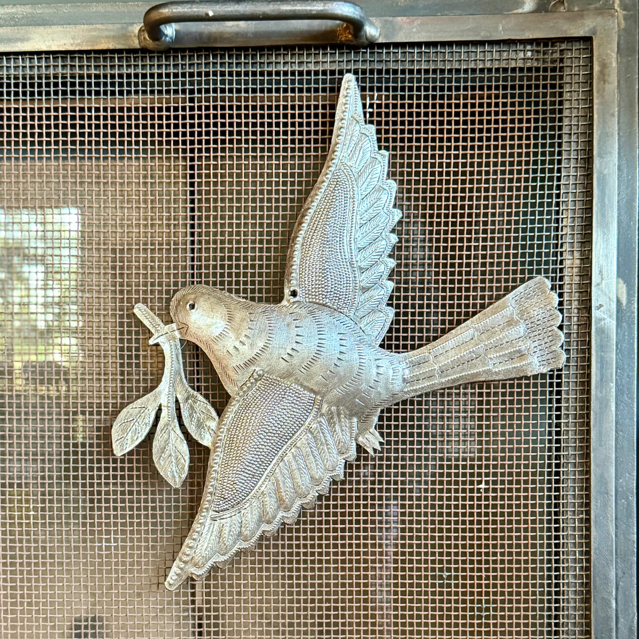 spiritual home decor, peace symbol art, Caribbean folk art, outdoor metal wall art, eco friendly decor, artisan metal sculpture