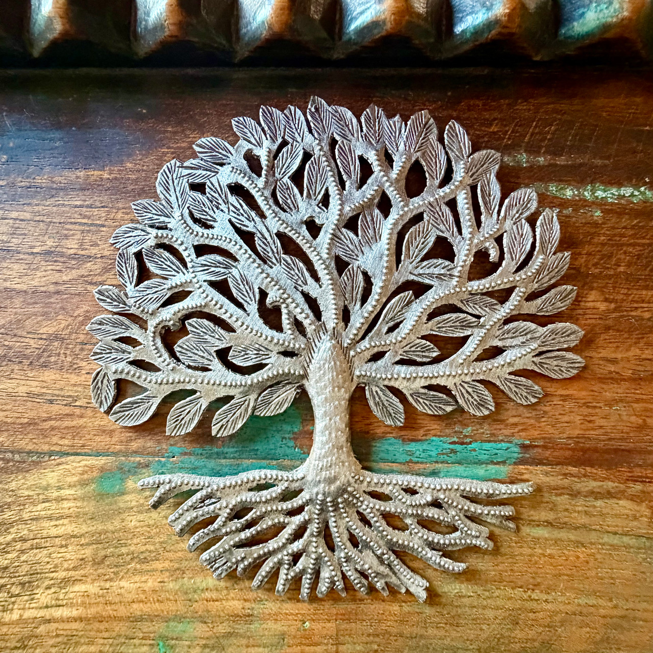tree of life wall decor, tree of life sculpture, fair trade decor, recycled steel art, handmade Haitian art, small wall hanging, folk art wall decor, eco friendly gift
