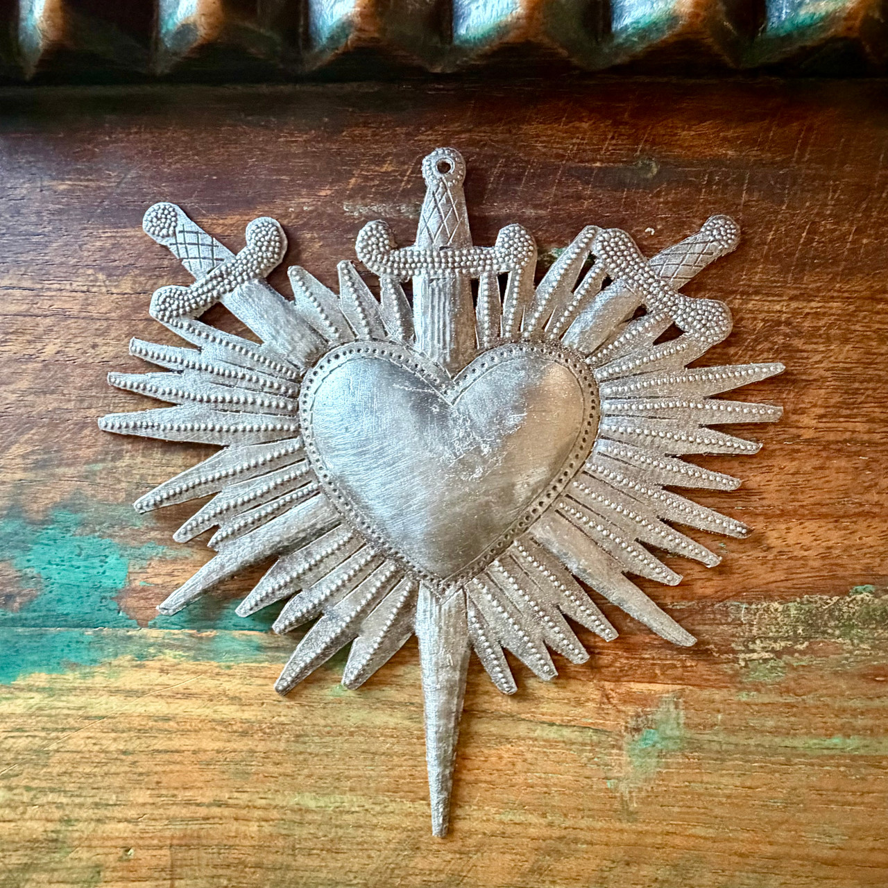sacred heart sculpture, crossed swords wall art, Haitian folk art, recycled steel art, fair trade decor, handmade wall hanging, religious wall decor