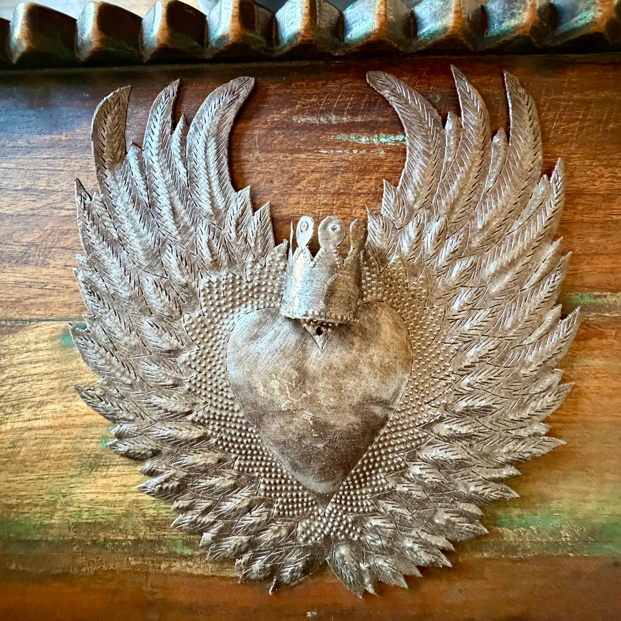 folk art sculpture, sacred heart decor, religious wall hanging, artisan metal artwork, eco friendly wall decor, Haitian folk art