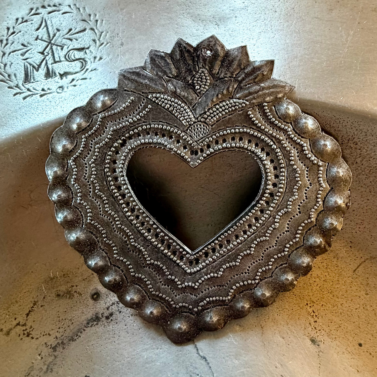 artisan metal art, sacred heart decor, handmade Haitian gift, recycled oil drum art, spiritual wall decor, folk art heart, eco friendly home decor