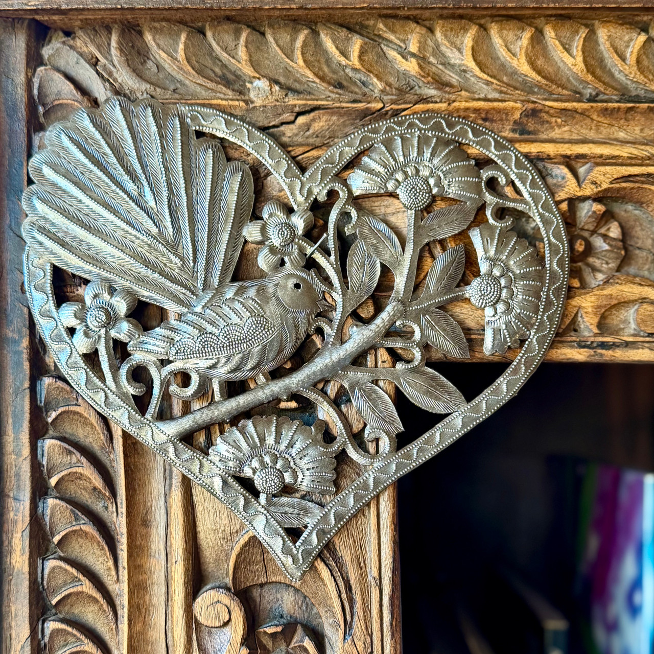 bird heart wall art, Haitian metal art, love bird decor, heart wall sculpture, flower wall art