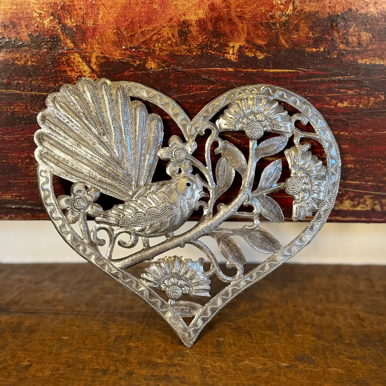 Haitian folk art, recycled steel art, fair trade home decor, bird wall hanging, handmade Haitian sculpture