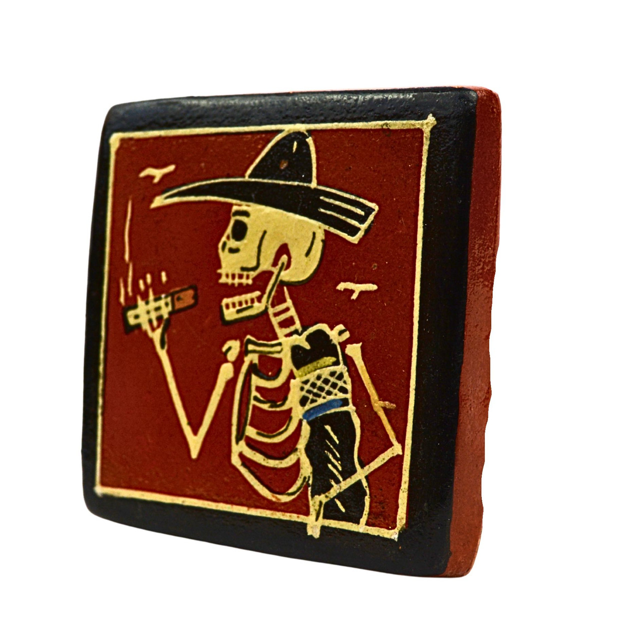 hand painted ceramic tile, tonala pottery, sombrero skeleton, mexican wall decor, collectible folk art, mexican artisan pottery, calavera folk art, day of the dead decor, vintage mexican art, mexican ceramic collectible, tonala artist
