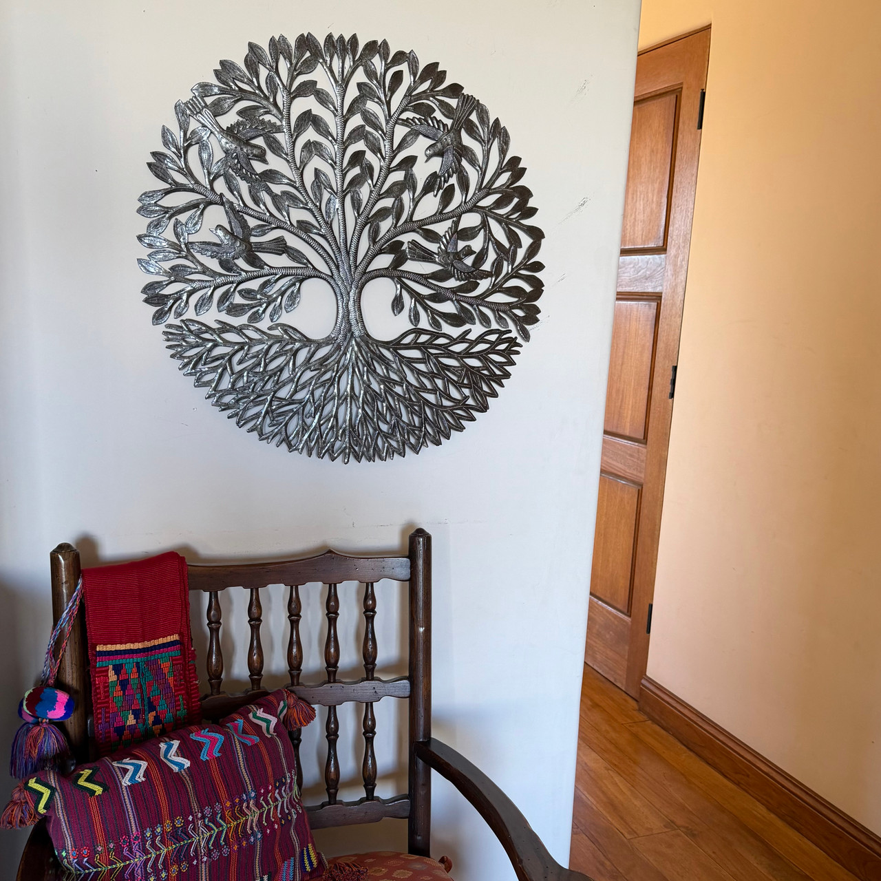 tree with birds wall decor, Wilnord Haitian artist, recycled steel wall art, fair trade home decor, Haitian folk art, handmade metal wall sculpture
