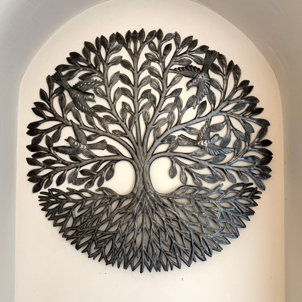 handmade metal wall sculpture, bird wall art, artisan metal decor, eco friendly wall art, nature inspired decor, large tree wall hanging, Haitian recycled drum art