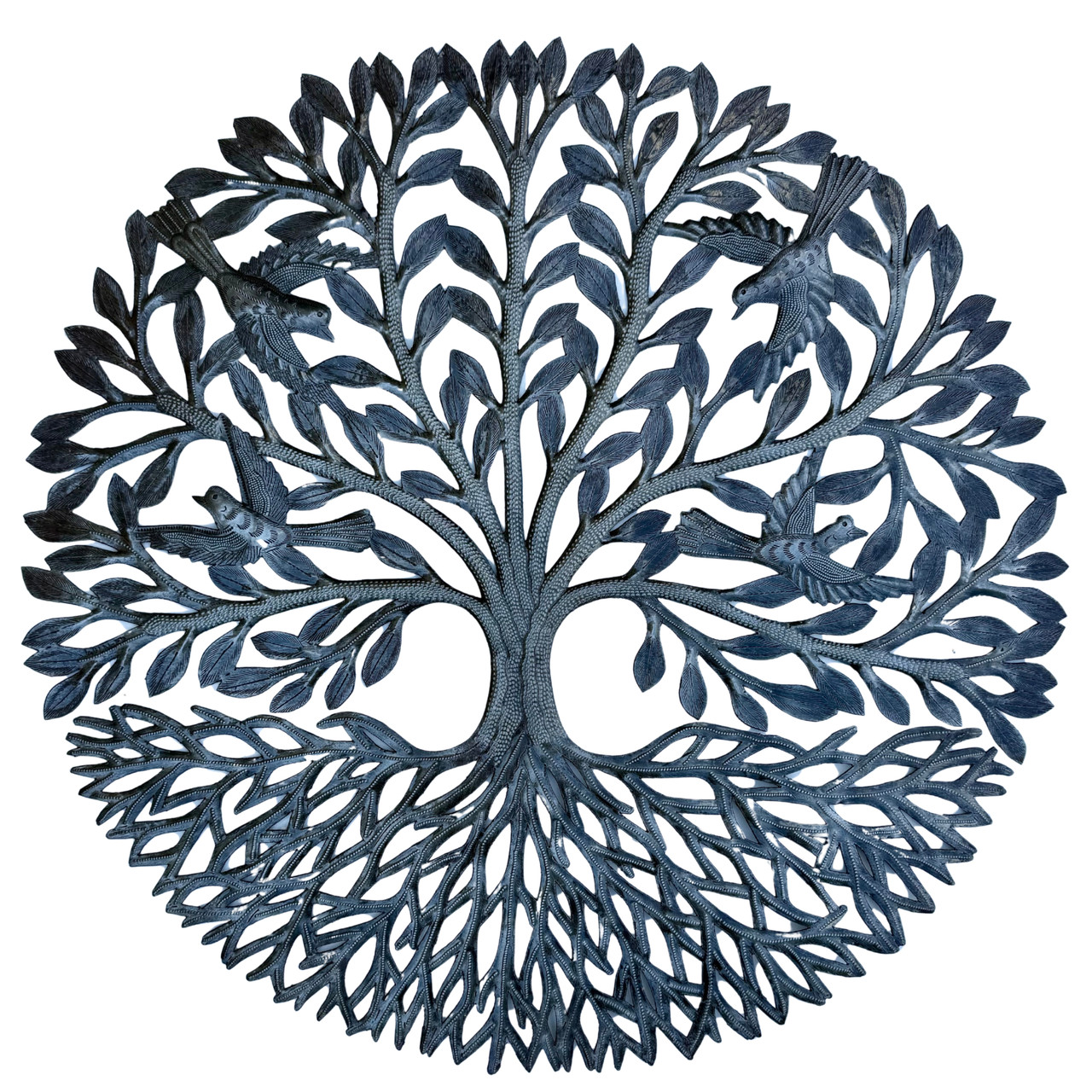 tree of life wall art, tree of life sculpture, Haitian metal art, tree with birds wall decor, Wilnord Haitian artist, recycled steel wall art, fair trade home decor, Haitian folk art