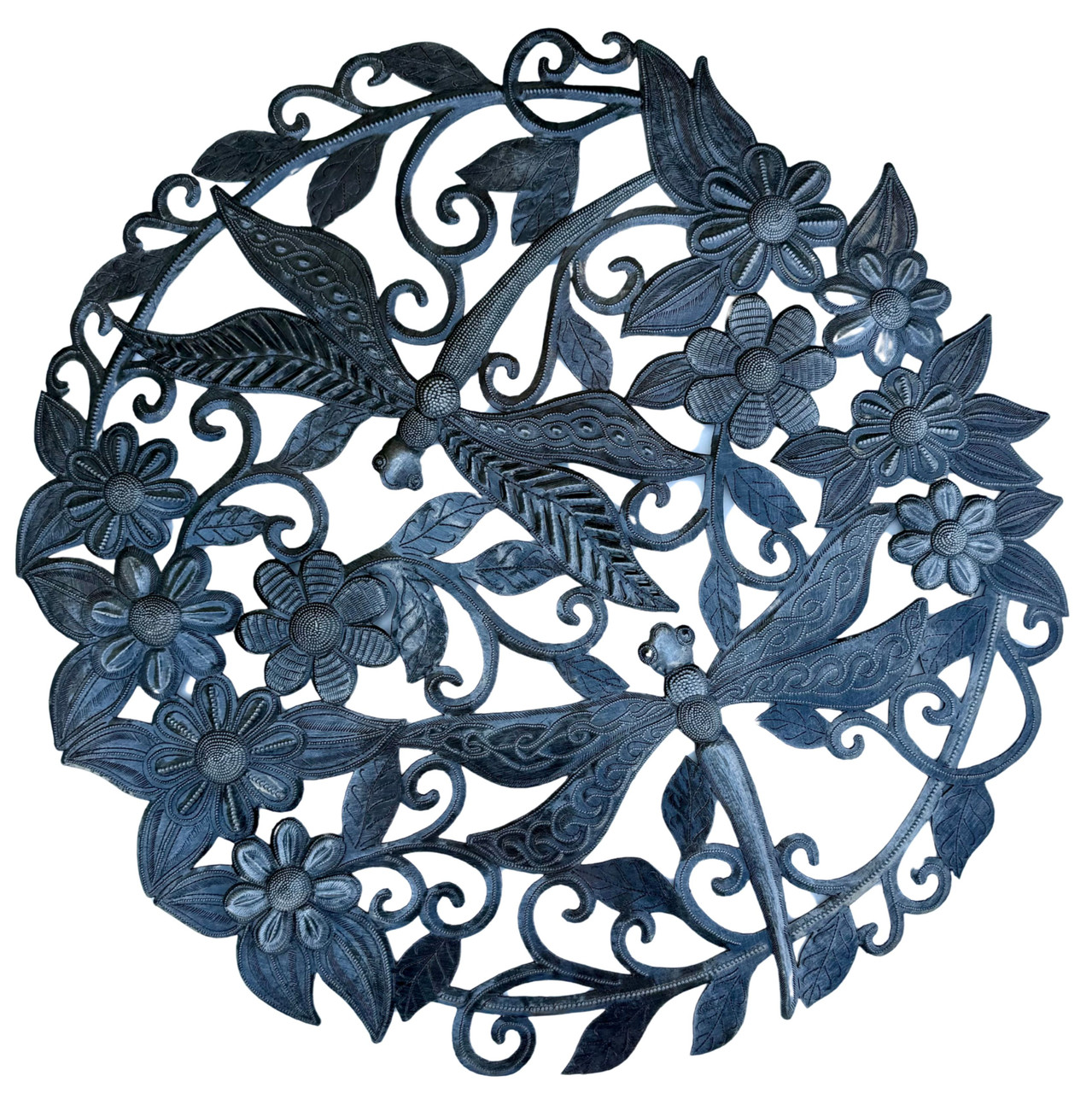 dragonfly wall art, dragonfly garden decor, Haitian metal art, dragonfly sculpture, floral wall art,