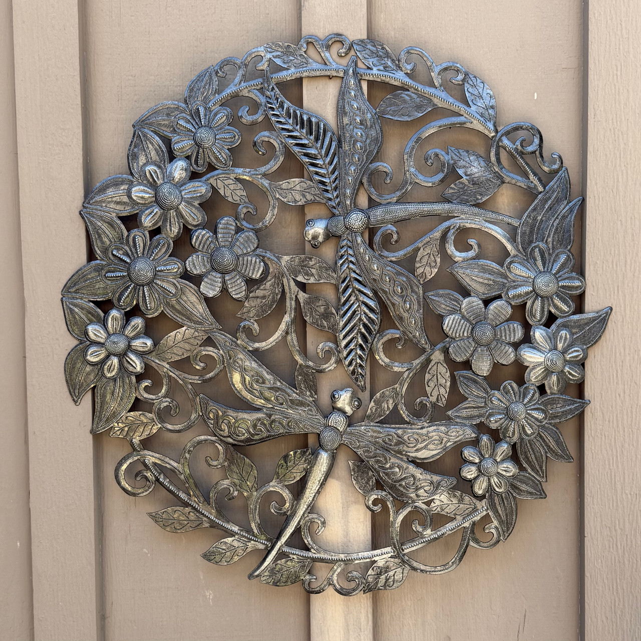 handmade metal artwork, dragonfly gift, nature inspired wall art, eco friendly wall decor, recycled oil drum art