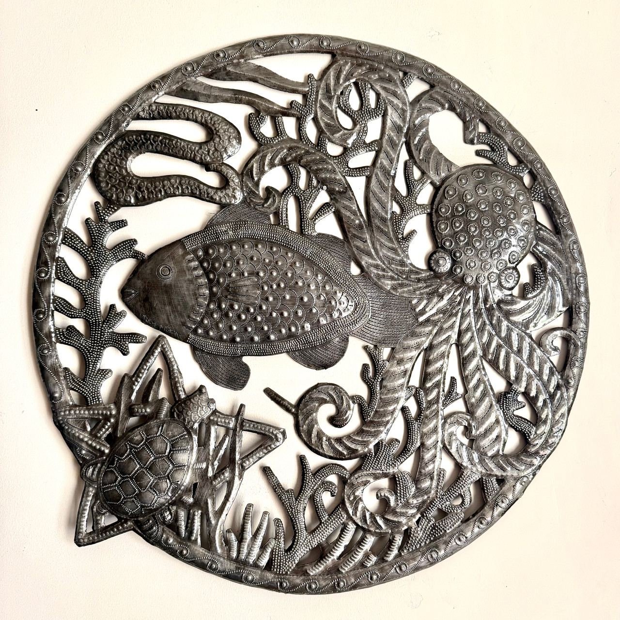 ocean themed decor, coastal living room art, metal sea life sculpture