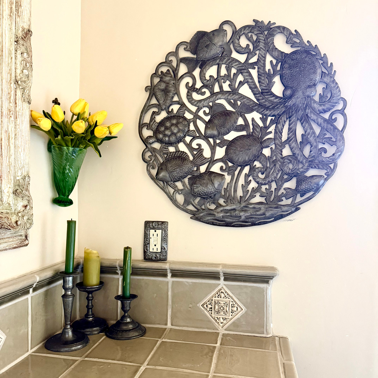 Haitian metal art, sea life wall art, ocean wall decor, fish metal sculpture, octopus wall art
