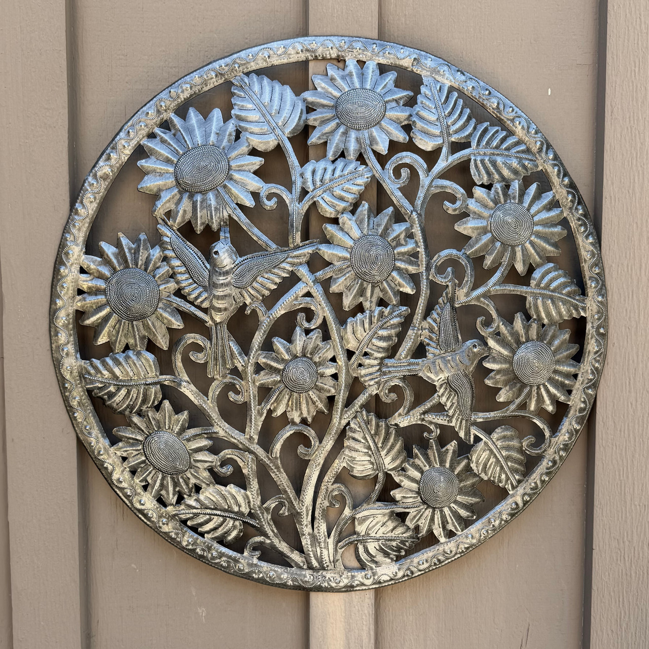 handcrafted metal sculpture, Caribbean folk art, round metal wall art, sustainable home decor, fair trade art, nature inspired wall decor, botanical wall hanging, recycled steel artwork