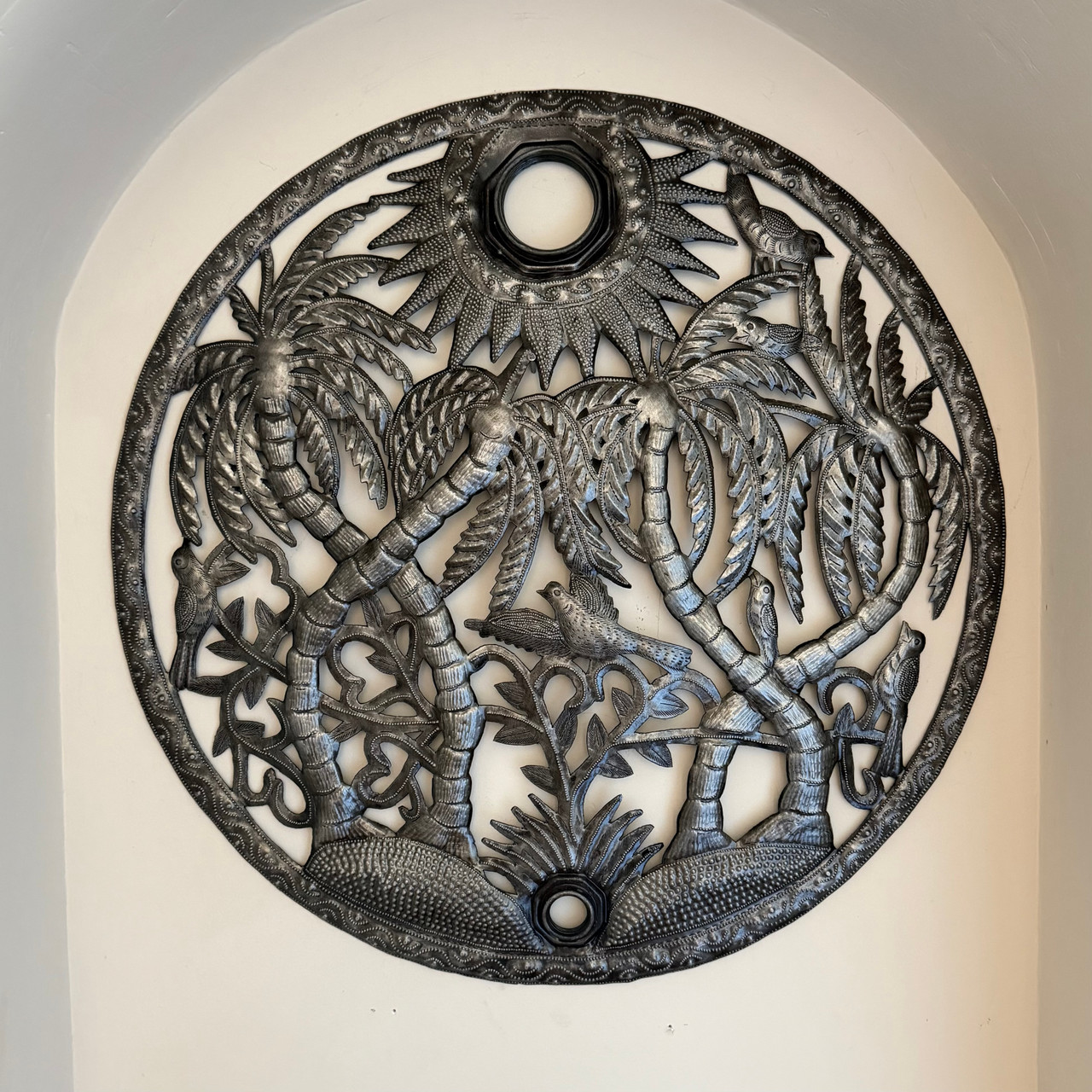 Haitian metal art, palm tree wall art, tropical bird wall decor, Caribbean wall art, recycled oil drum art, steel drum sculpture, Haitian wall hanging, tropical metal wall art, palm tree decor