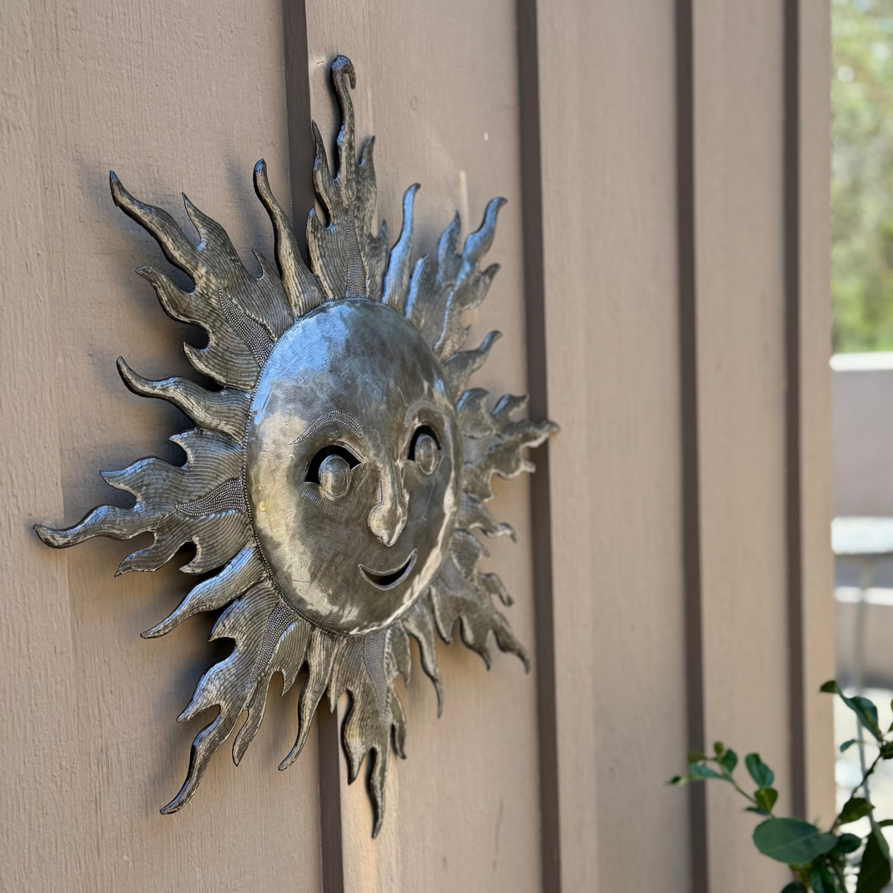 Celestial sun decor, recycled steel sculpture, sunburst wall hanging, folk art wall sculpture