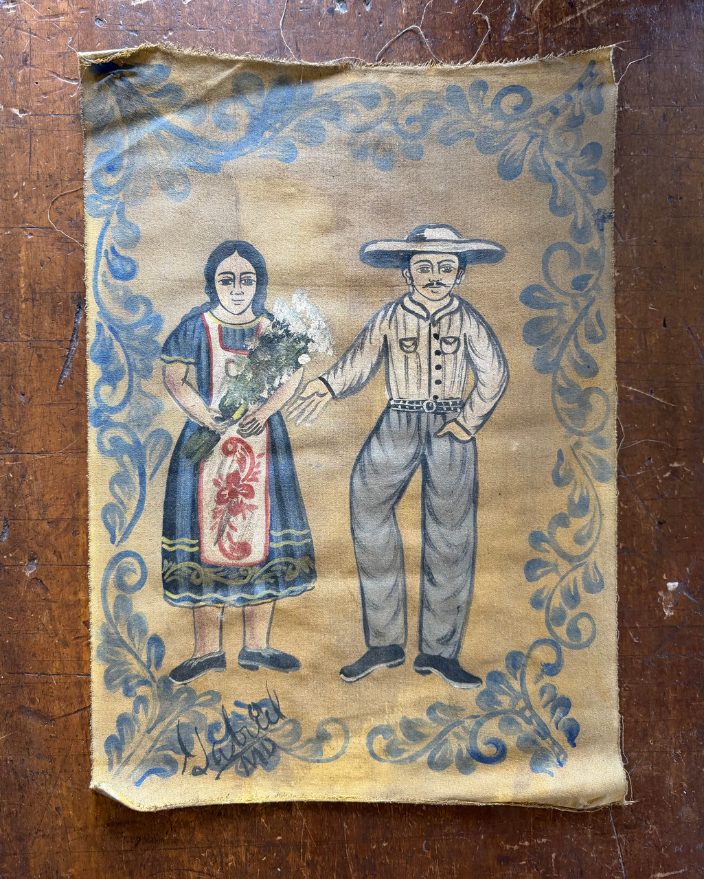 Gabriel Mendoza, Gabriel Mendoza painting, Mexican folk art, Mexican folk art painting, traditional Mexican couple, Mexican portrait painting, Mexican cultural art, signed Mexican painting, original Mexican artwork
