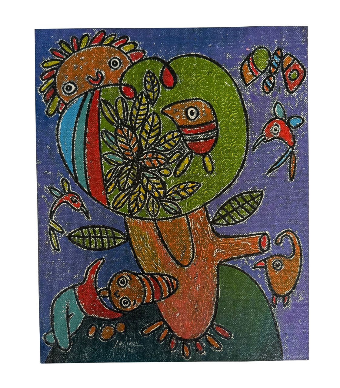 folk surrealism, naïve art painting, colorful bird artwork, South American painting, original oil on canvas, collectible Ecuadorian art, whimsical folk art, nature symbolism art, Armando Buitron painting.