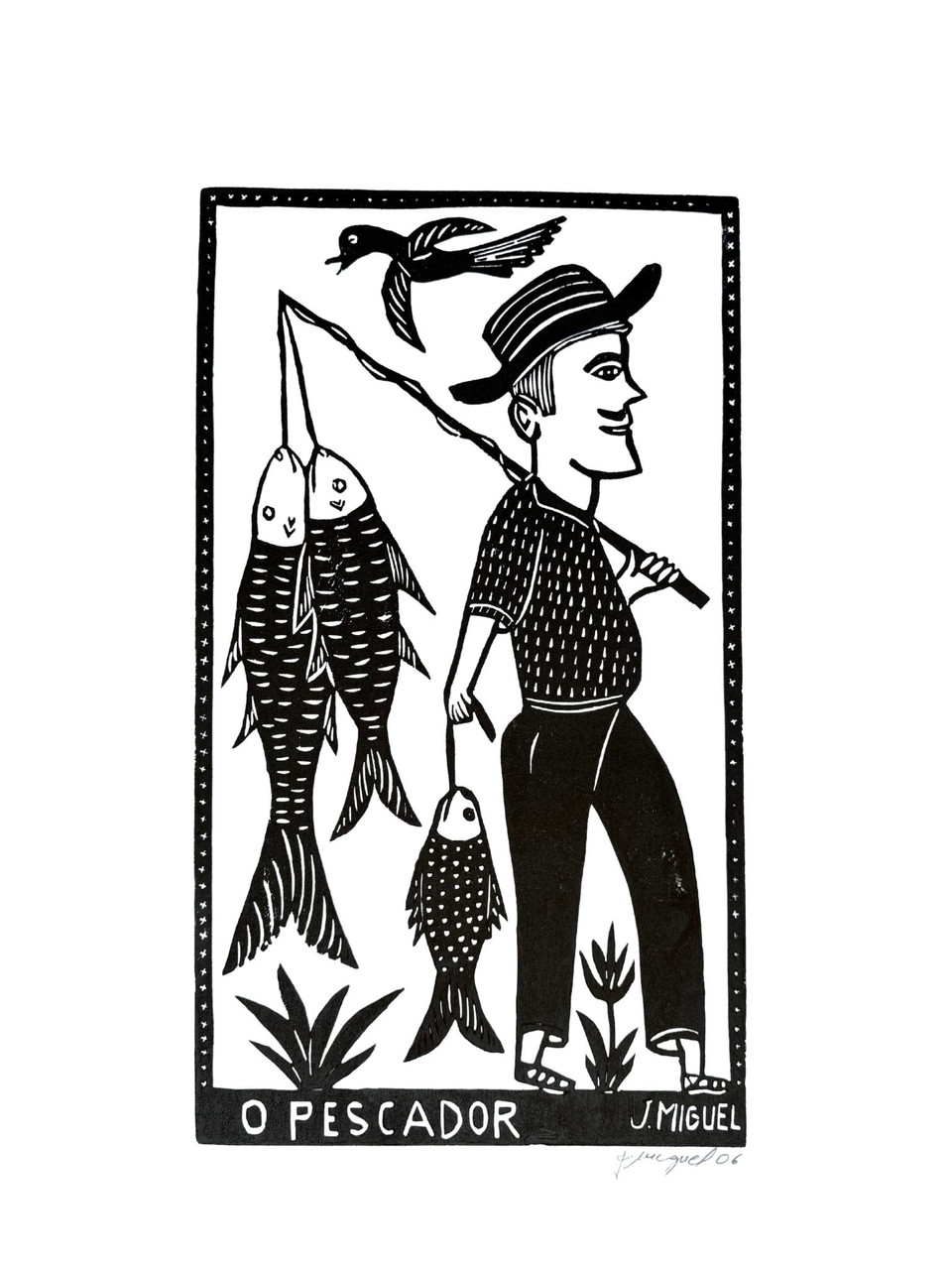 J Miguel, O Pescador, Brazilian woodcut print, xilogravura, literatura de cordel, Brazilian folk art, fisherman print, fishing art, hand pulled woodcut, signed Brazilian print, black and white woodcut, Brazilian printmaking