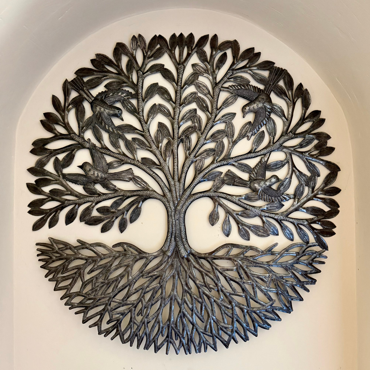 Fair Trade wall art, artisan metal sculpture, recycled oil drum art, Croix-des-Bouquets metal art, handmade bird artwork, floral metal wall hanging, nature wall decor, tropical wall art, folk art sculpture, handcrafted peacock art