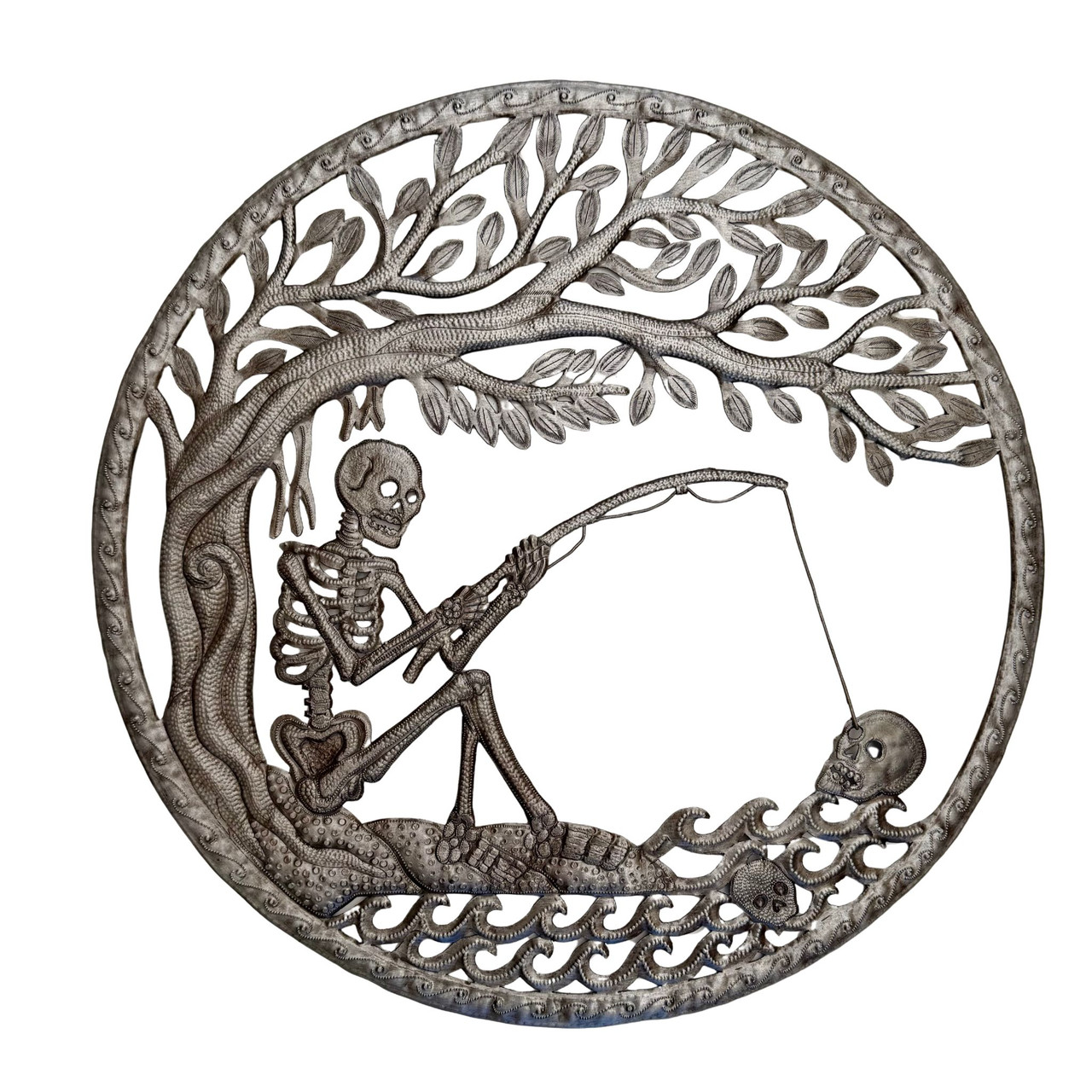 Haitian metal art, skeleton fisherman wall art, Tree of Life wall art, Haitian folk art, recycled steel wall sculpture, recycled oil drum art, skeleton fishing art, gothic wall decor, Day of the Dead decor, Halloween wall art, handmade metal wall hanging