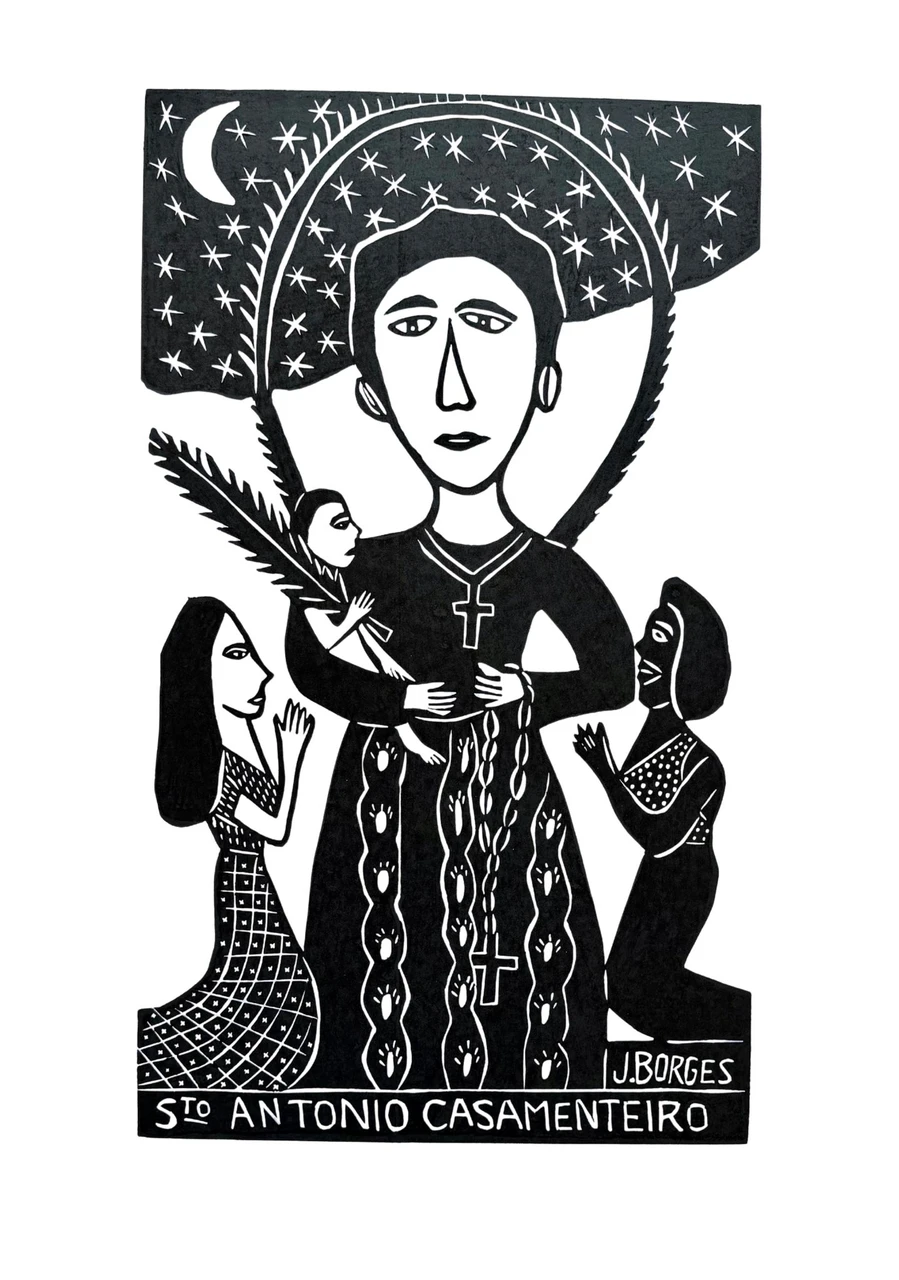 J Borges, J Borges art, J Borges woodcut, J Borges signed print, Santo Antonio Casamenteiro, Santo Antônio Casamenteiro, Saint Anthony the Matchmaker, Saint Anthony art, Saint Anthony print, Brazilian woodcut, Brazilian woodblock print, Brazilian folk art