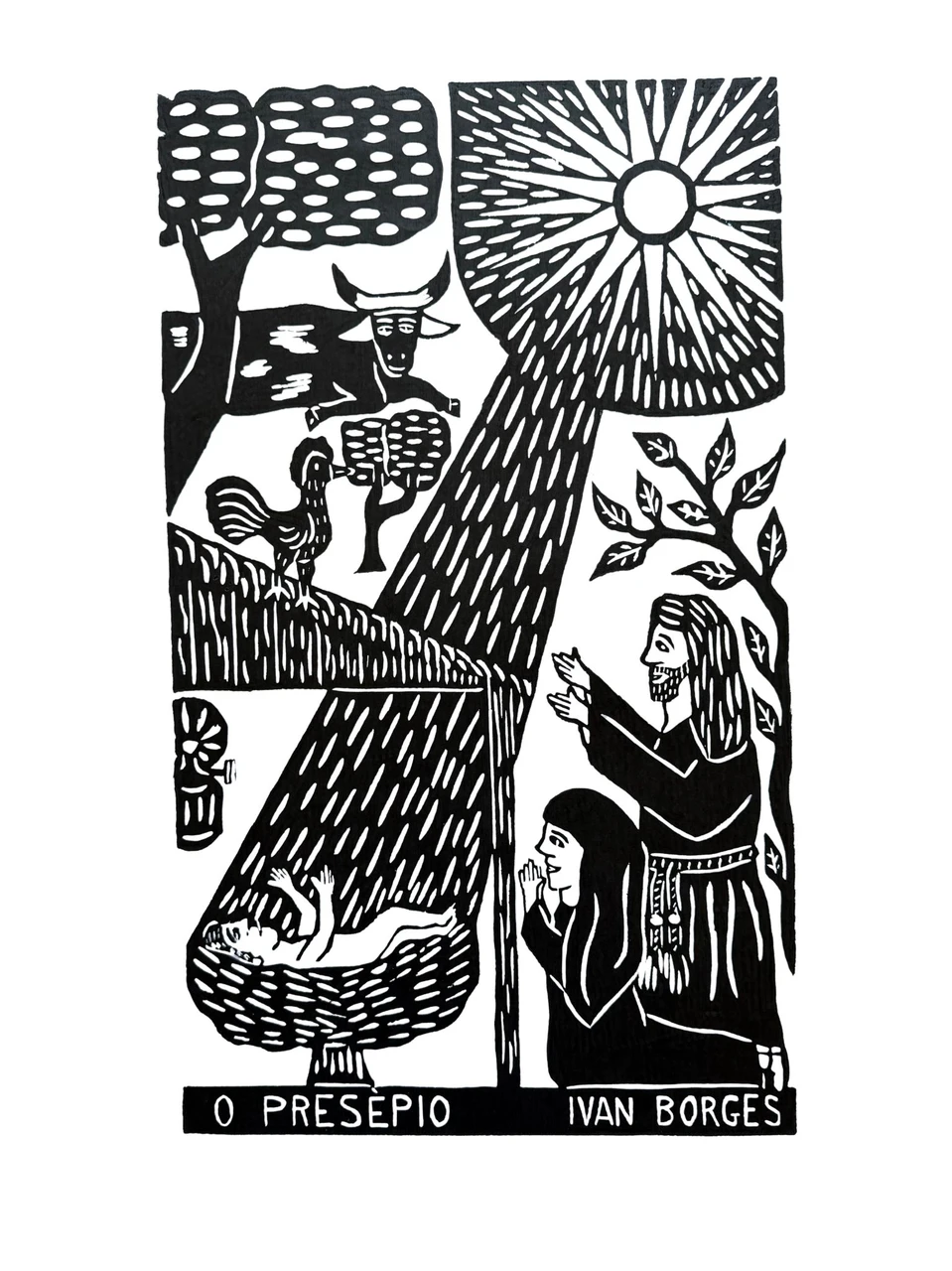 Ivan Borges, Ivan Borges woodcut, Ivan Borges signed print, O Presepio, O Presépio, Brazilian Nativity art, Nativity woodcut, Nativity print, Christmas folk art, Brazilian Christmas art, Brazilian woodcut, Brazilian woodblock print, Brazilian folk art, Brazilian religious art, xilogravura