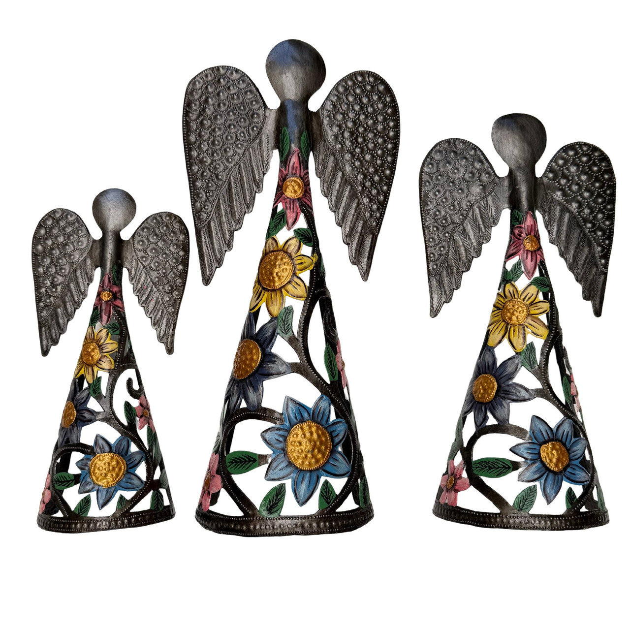 Haitian folk art, handmade metal angels, hand painted angel, floral angel decor, colorful metal angels, angel figurines, angel sculpture set, recycled metal art