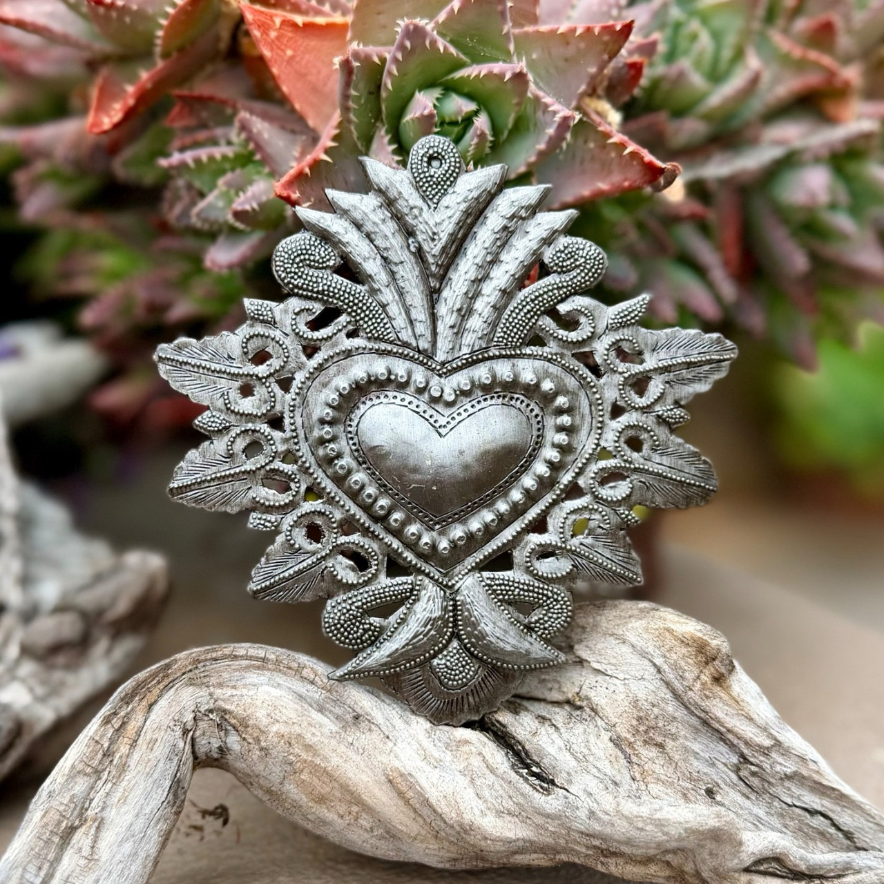 recycled steel heart, Sacred Heart decor, Milagro heart, Haitian folk art