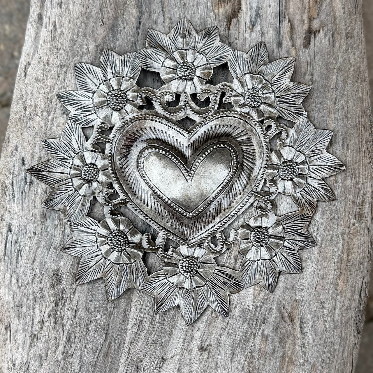 floral heart wall art, recycled steel art, Haitian metal art, handmade heart decor
