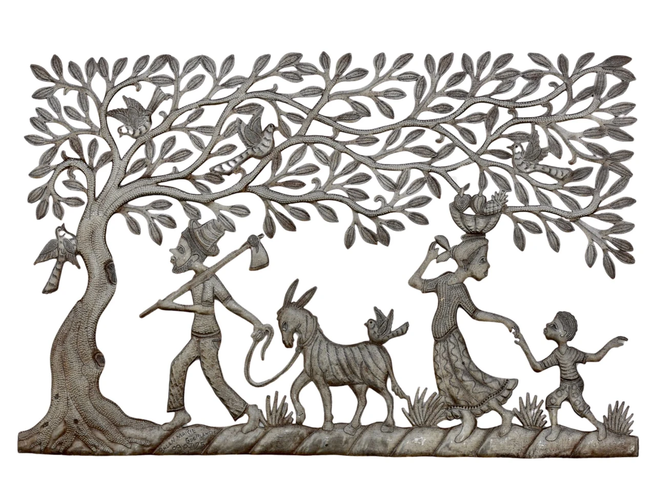 Marie Gerlande Balan, Haitian female artist, Haitian metal art, Haitian folk art, Haitian family wall art, Haiti farmer art, Haitian village life art, recycled steel wall sculpture