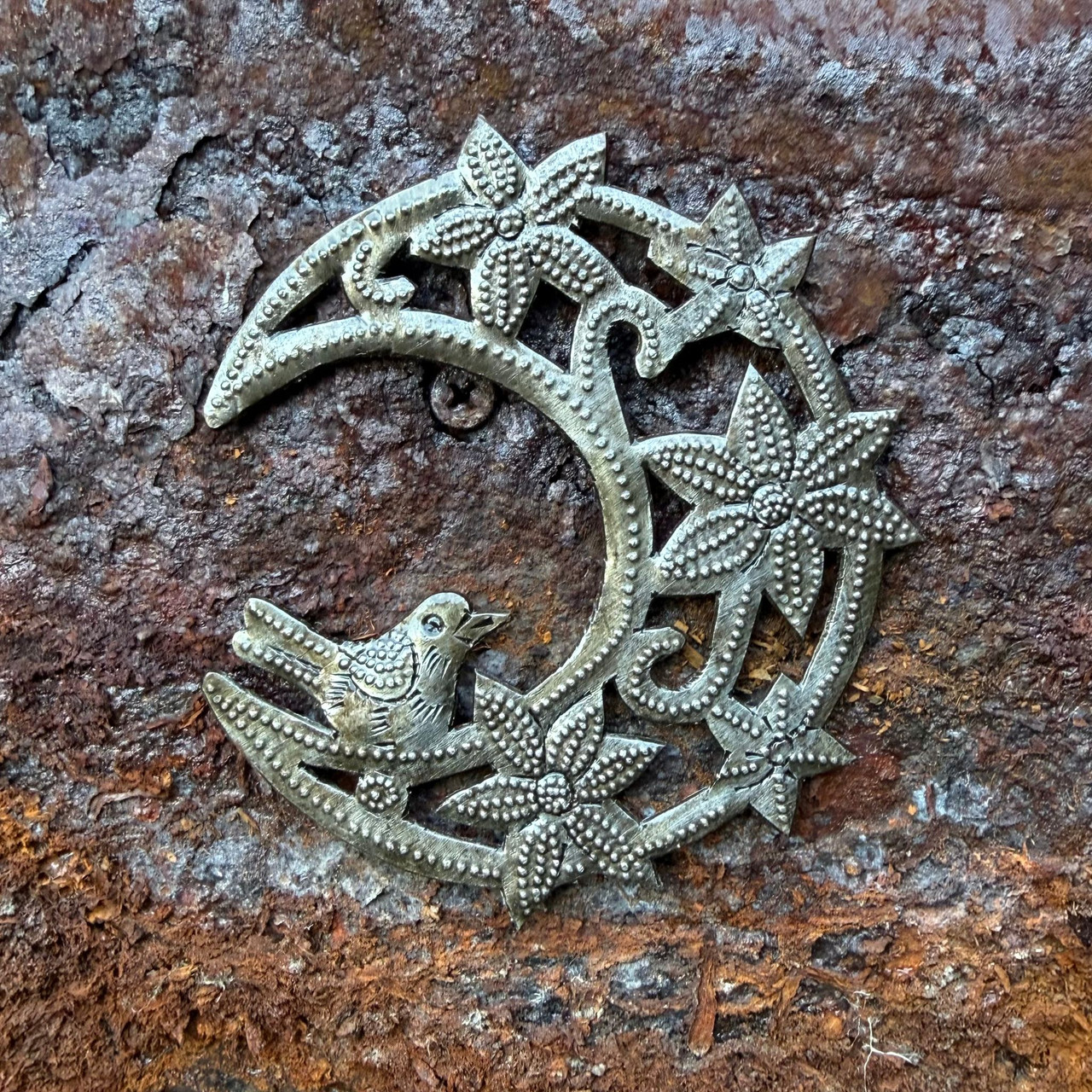 Moon with Flowers and Birds, Metal Ornament 4" x 3.5"