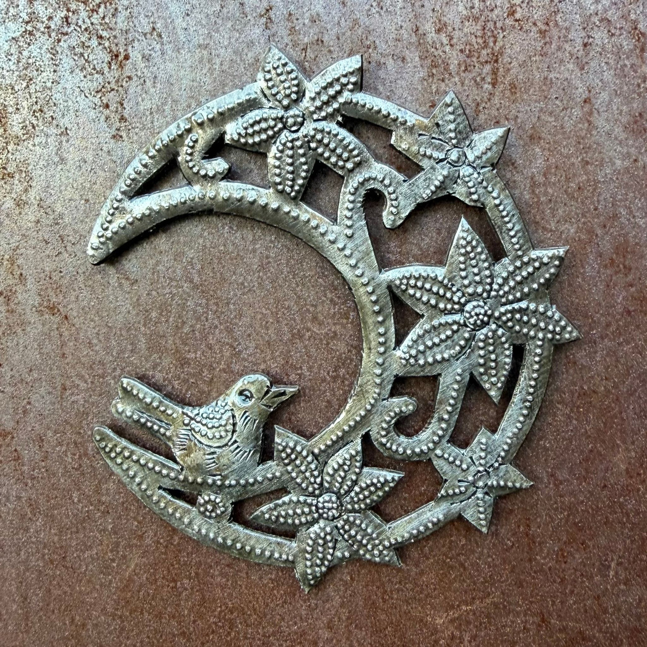 Moon with Flowers and Birds, Metal Ornament 4" x 3.5"