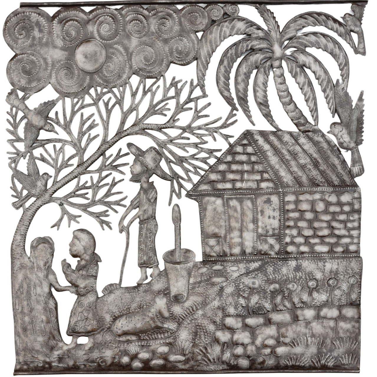 Haitian metal art, D C Guemson artist, Haitian Vodou art, Haitian voodoo art, one-of-a-kind Haitian art, Haitian village wall art, Haitian family art, Vodou priest art, oungan, recycled metal wall sculpture, repurposed oil barrel art