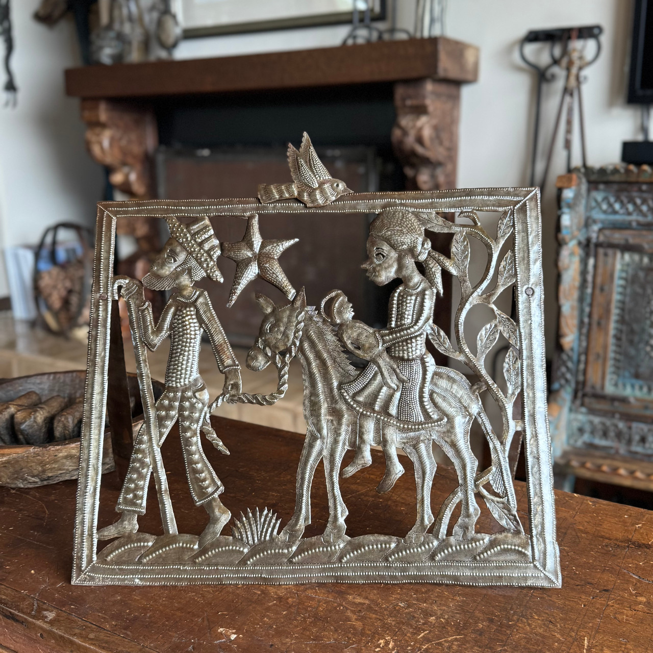 Haitian Metal Nativity Sculpture – Flight to Egypt, Handmade Fair Trade Recycled Christmas Art