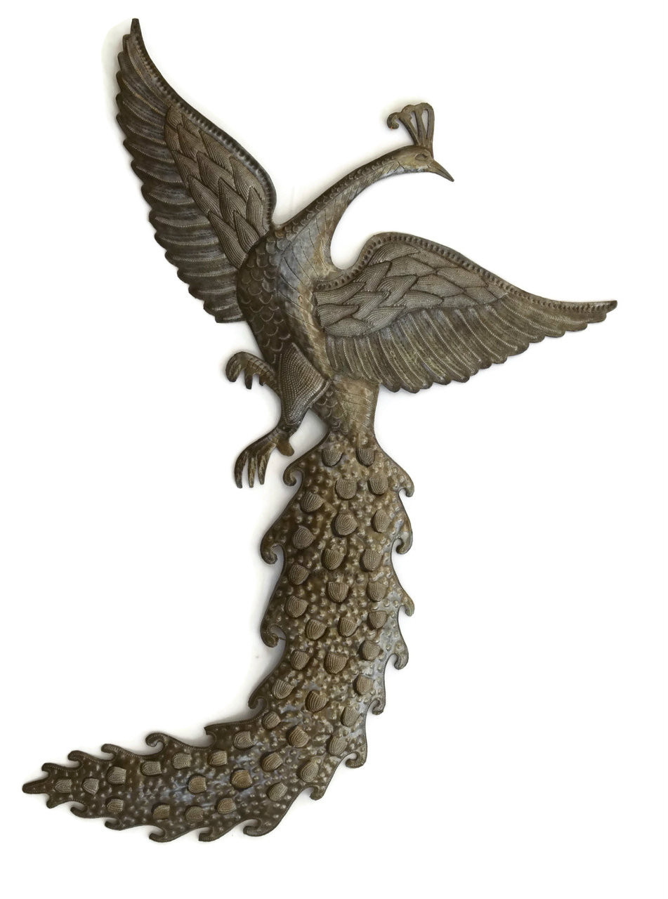 Haitian peacock wall art, peacock metal sculpture, Yves Robert Buisson, Haitian metal art, Fair Trade wall art, recycled steel barrel art, handmade peacock sculpture