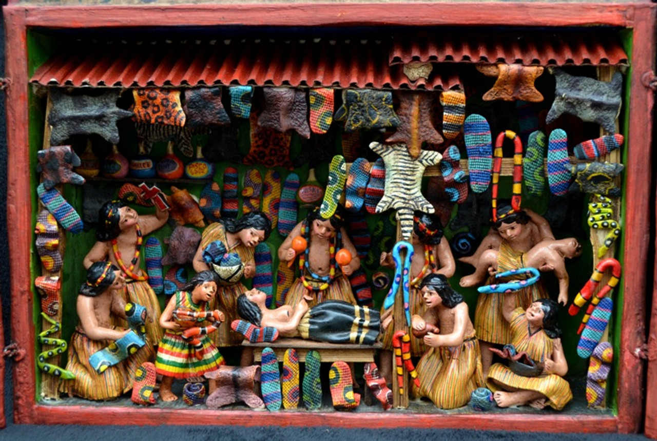 peruvian retablo vegtable stand, mercado, fruit market