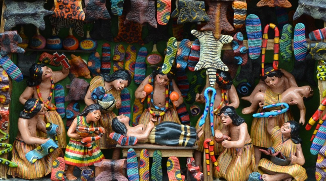 peruvian retablo vegtable stand, mercado, fruit market