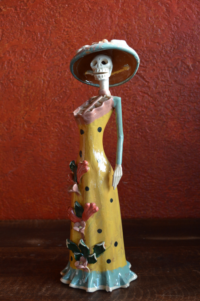 Handcrafted Mexican Folk Art, Catrina for Day of the Dead Altar Sculpture, 4"x14"