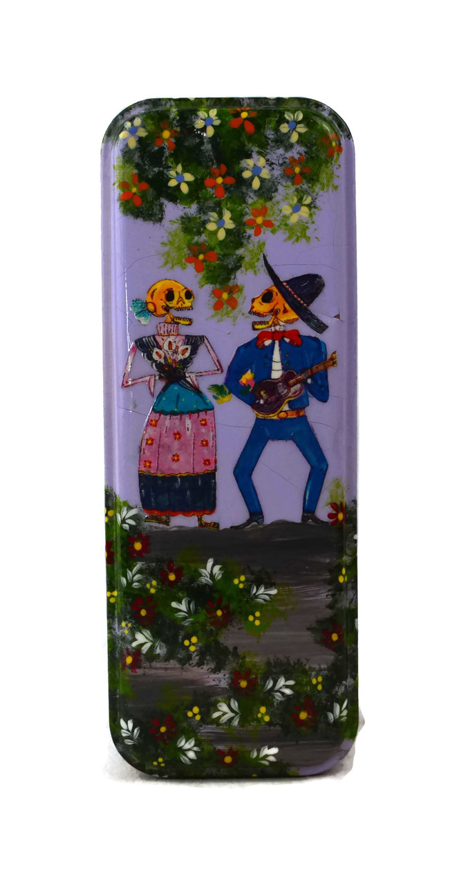 Day of the Dead Pencil Box Holder, Skeleton Couple 3" x 8"