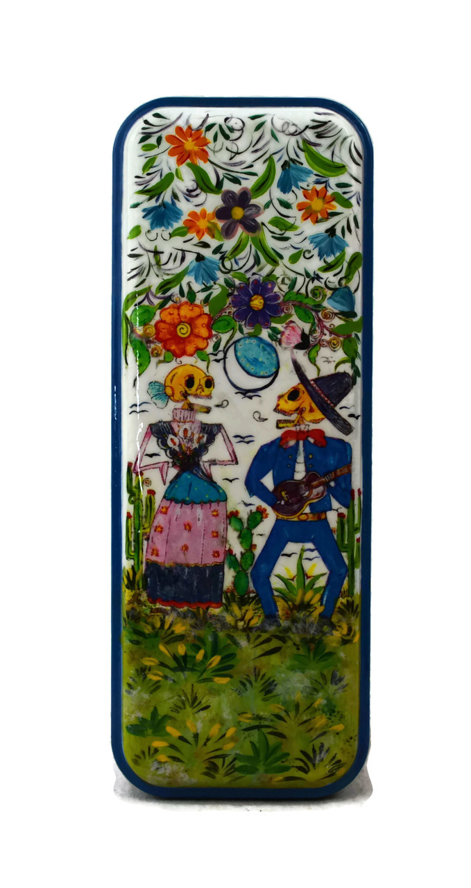 Day of the Dead Pencil Box Holder, Hand painted Skeleton Couple 3" x 8"