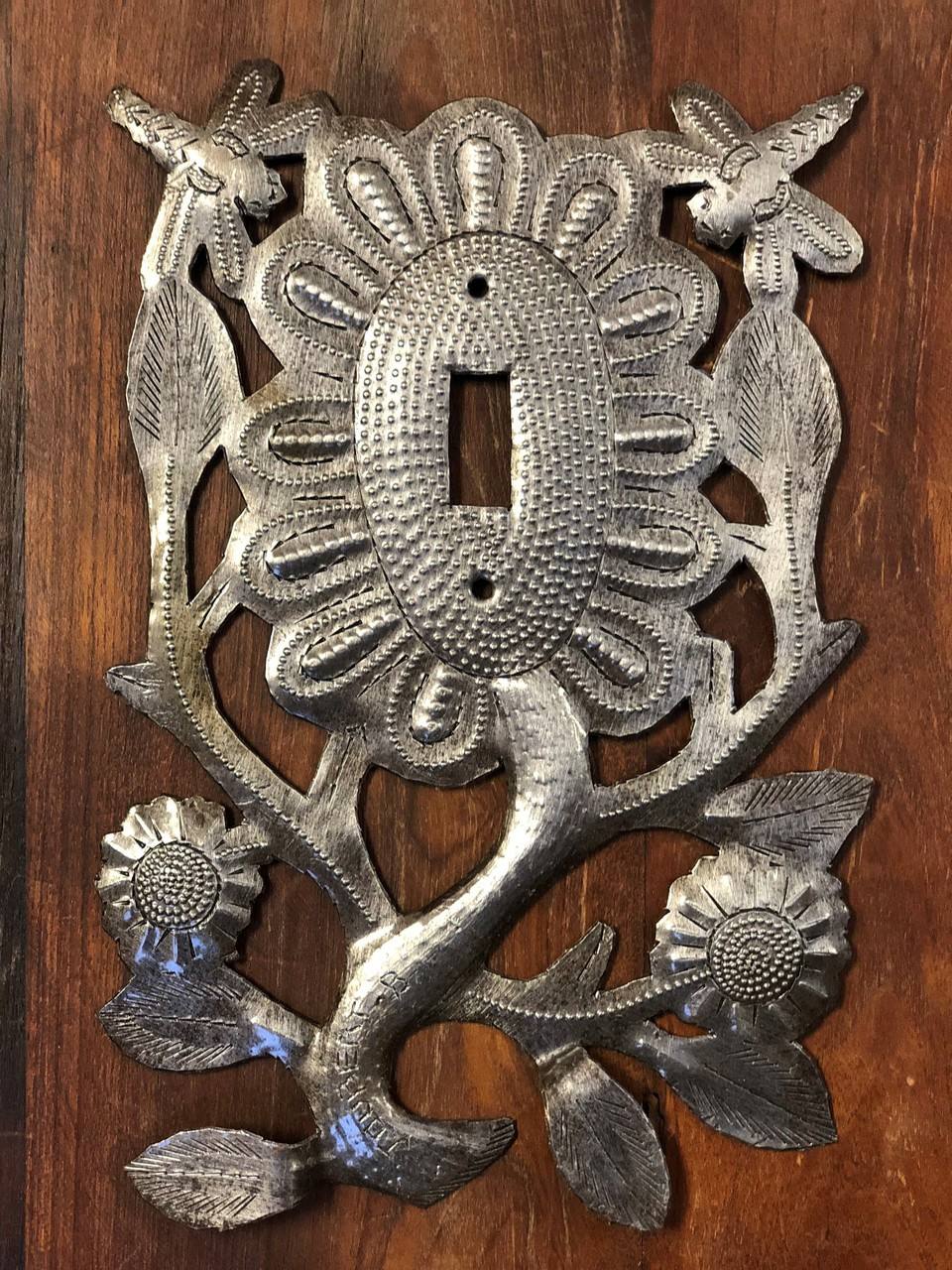 Folk Art Flower Switch Plate Cover, Dragonflies, Recycled Metal Made in Haiti, 5.5" x 9"