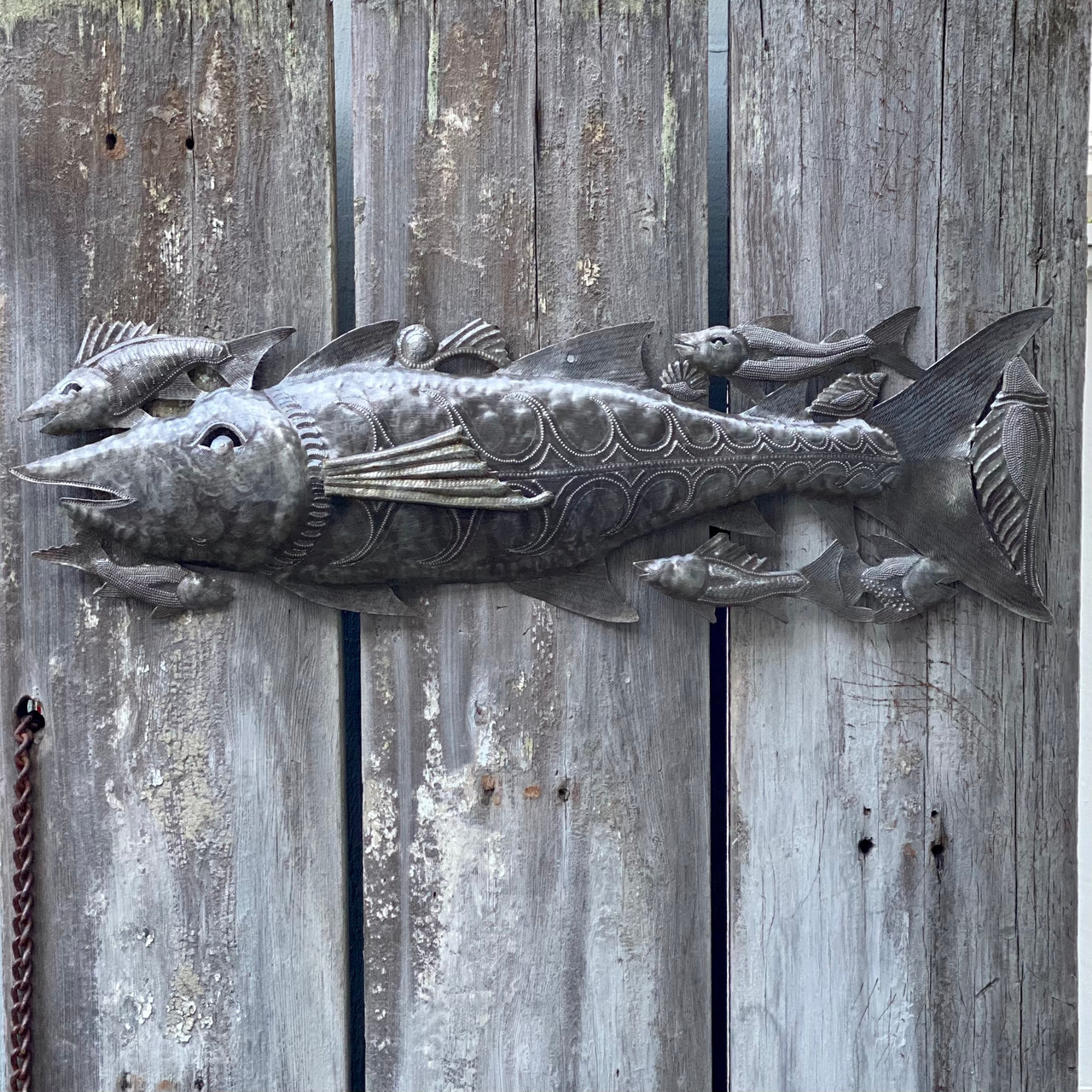 Large Fish, Metal Wall Hanging Artwork from Haiti, Sea Life Home Decorations, Haitian Art, 33.5 x 10 Inches