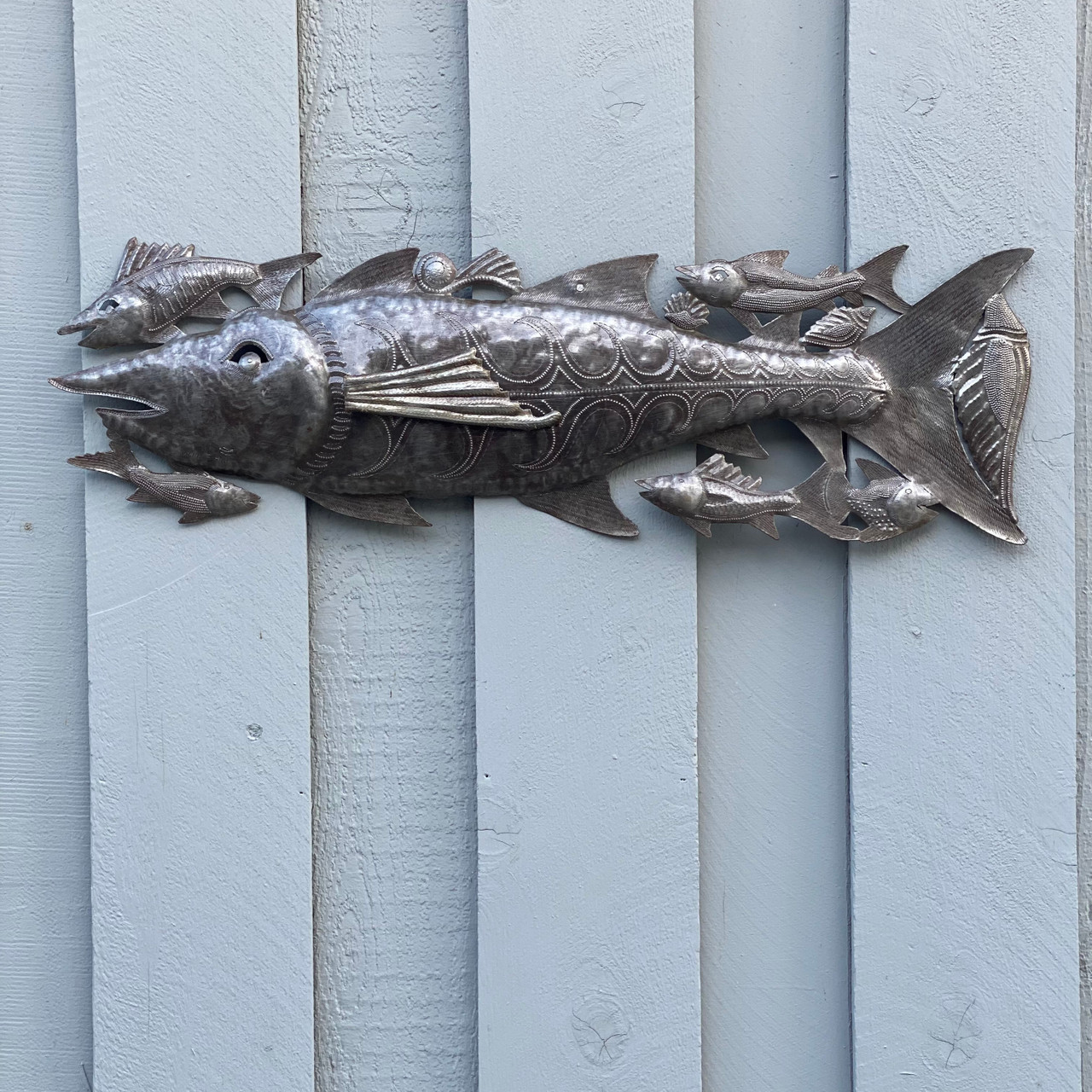 Large Fish, Metal Wall Hanging Artwork from Haiti, Sea Life Home Decorations, Haitian Art, 33.5 x 10 Inches