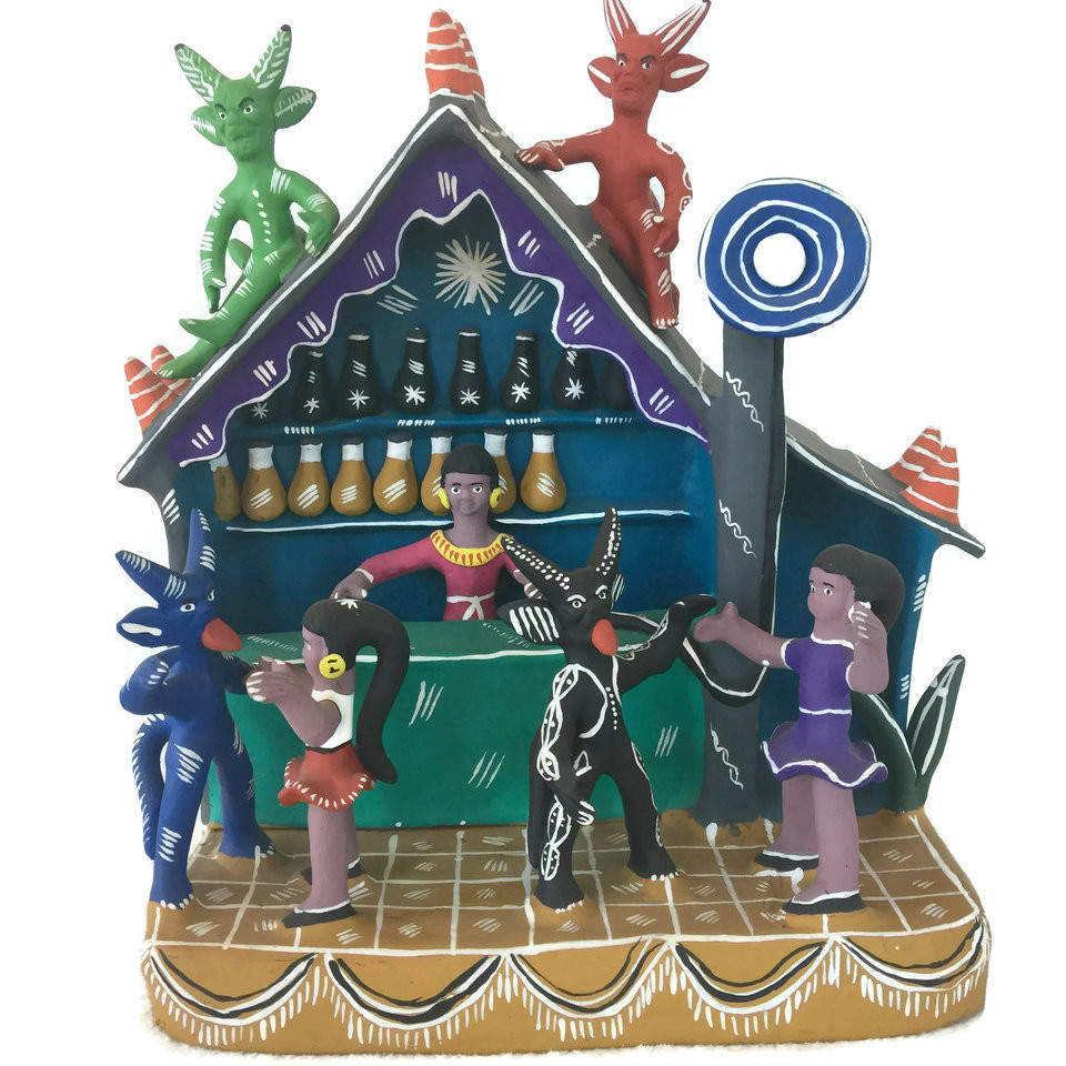 Ocumicho pottery, Ocumicho folk art, mexican folk art sculpture, devils at play sculpture, Ocumicho devils, Michoacan ceramics, handmade Mexican pottery