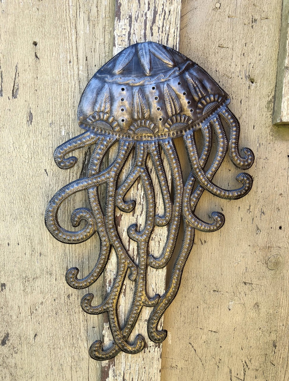 Jellyfish under the sea, Haiti metal wall decor, sturdy indoor and outdoor decor 12" x 18.5"