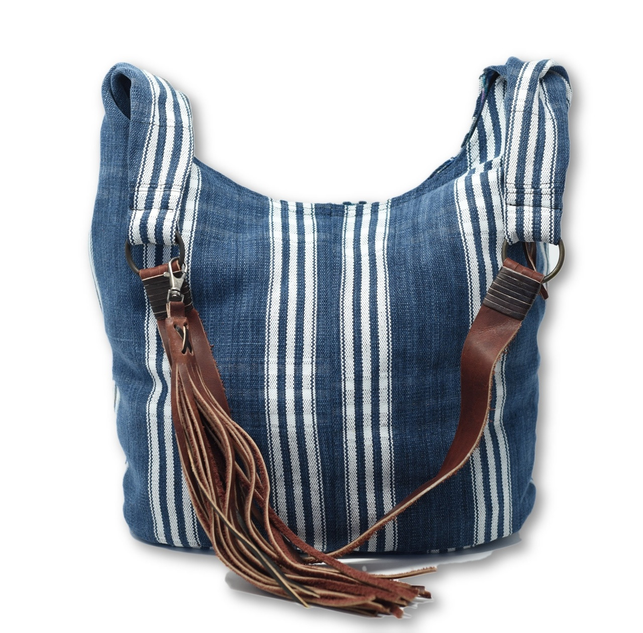 Handmade Purses from Guatemala, Long leather Straps, Blue Color Jean and white stripes, Over the Shoulder, Recycled textile, Handcrafted